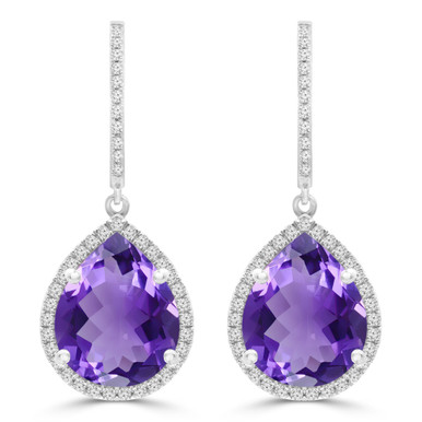 Pear Purple Amethyst & Round Diamond Oval Halo Drop/Dangle Earrings in White Gold (MDR220059)