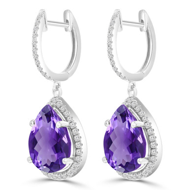 Pear Purple Amethyst & Round Diamond Oval Halo Drop/Dangle Earrings in White Gold (MDR220059)