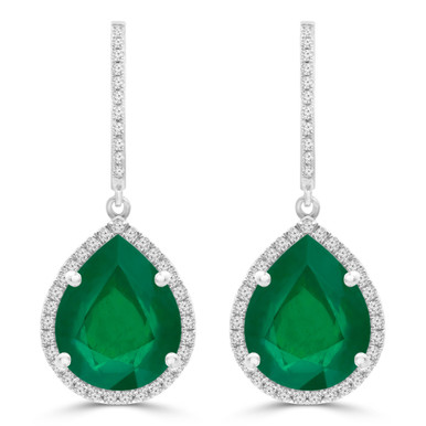 Pear Green Emerald & Round Diamond Pear Halo Drop/Dangle Earrings in White Gold (MDR220060)
