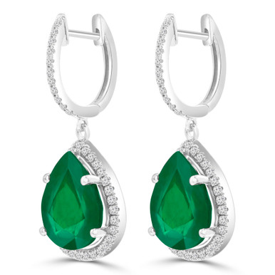 Pear Green Emerald & Round Diamond Pear Halo Drop/Dangle Earrings in White Gold (MDR220060)