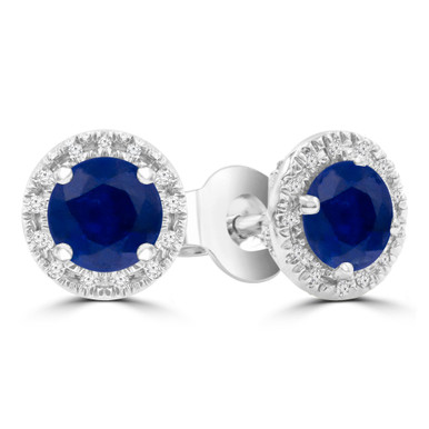 Round Blue Sapphire & Round Diamond Halo Stud Earrings in White Gold (MDR220097)