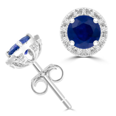 Round Blue Sapphire & Round Diamond Halo Stud Earrings in White Gold (MDR220097)