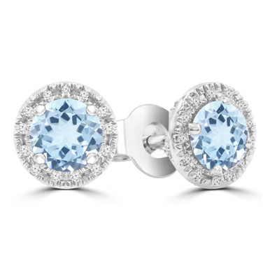 Round Blue Topaz & Round Diamond Halo Stud Earrings in White Gold (MDR220098)