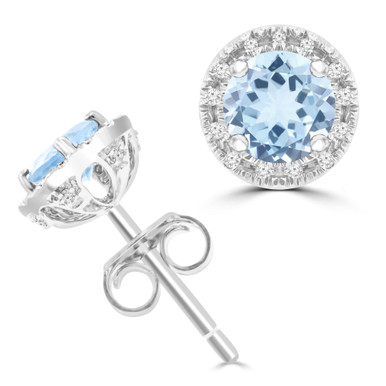 Round Blue Topaz & Round Diamond Halo Stud Earrings in White Gold (MDR220098)
