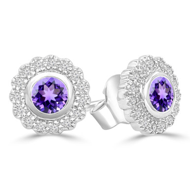 Round Purple Amethyst & Round Diamond Floral Halo Bezel Set Stud Earrings in White Gold (MDR220099)