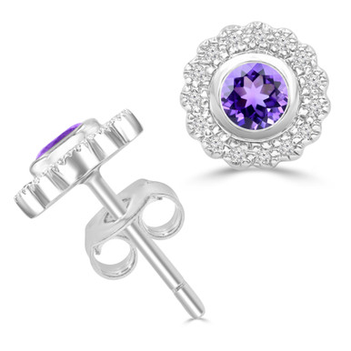 Round Purple Amethyst & Round Diamond Floral Halo Bezel Set Stud Earrings in White Gold (MDR220099)