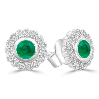 Round Green Emerald & Round Diamond Floral Halo Bezel Set Stud Earrings in White Gold (MDR220100)