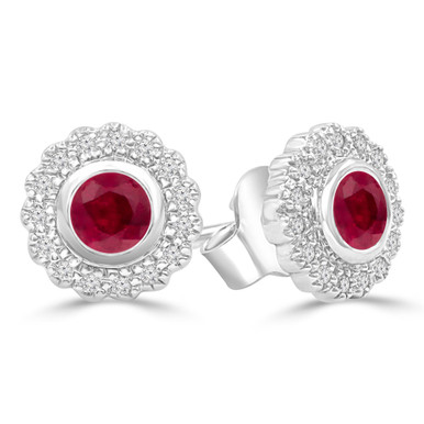 Round Red Ruby & Round Diamond Floral Halo Bezel Set Stud Earrings in White Gold (MDR220101)