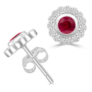 Round Red Ruby & Round Diamond Floral Halo Bezel Set Stud Earrings in White Gold (MDR220101)