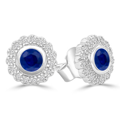 Round Blue Sapphire & Round Diamond Floral Halo Bezel Set Stud Earrings in White Gold (MDR220102)