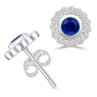 Round Blue Sapphire & Round Diamond Floral Halo Bezel Set Stud Earrings in White Gold (MDR220102)