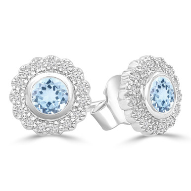 Round Blue Topaz & Round Diamond Floral Halo Bezel Set Stud Earrings in White Gold (MDR220103)