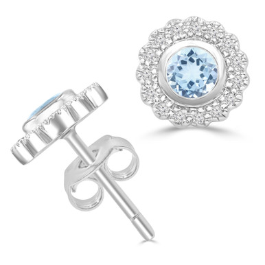Round Blue Topaz & Round Diamond Floral Halo Bezel Set Stud Earrings in White Gold (MDR220103)