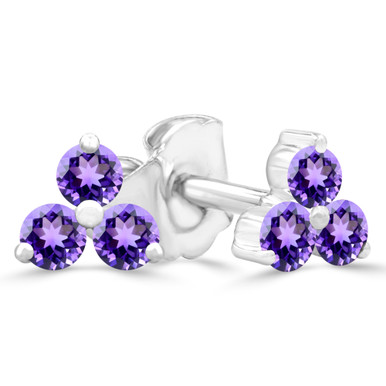 Round Purple Amethyst Three-stone Stud Earrings in White Gold (MDR220104)