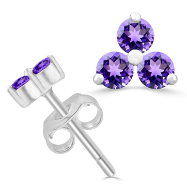 Round Purple Amethyst Three-stone Stud Earrings in White Gold (MDR220104)