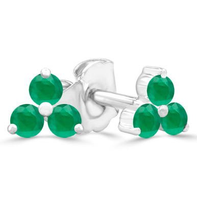 Round Green Emerald Three-stone Stud Earrings in White Gold (MDR220105)