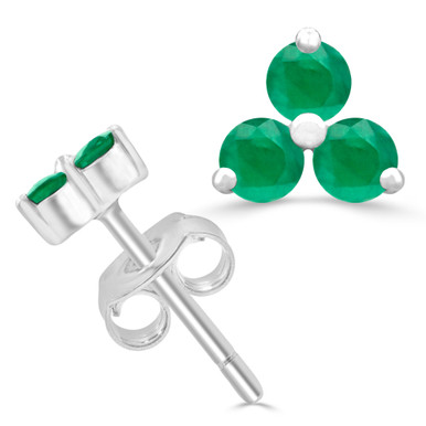 Round Green Emerald Three-stone Stud Earrings in White Gold (MDR220105)