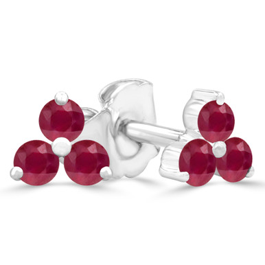 Round Red Ruby Three-stone Stud Earrings in White Gold (MDR220106)