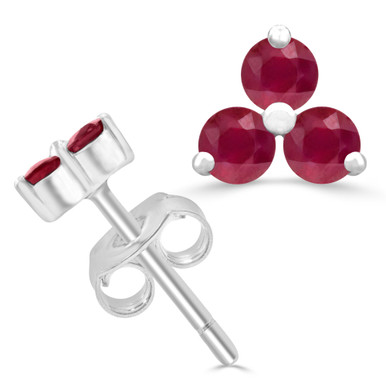 Round Red Ruby Three-stone Stud Earrings in White Gold (MDR220106)