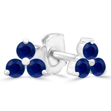 Round Blue Sapphire Three-stone Stud Earrings in White Gold (MDR220107)