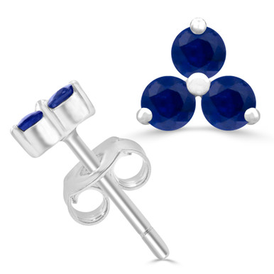 Round Blue Sapphire Three-stone Stud Earrings in White Gold (MDR220107)