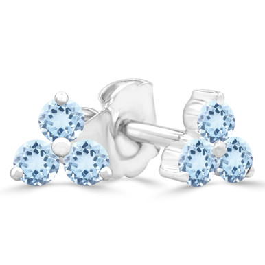 Round Blue Topaz Three-stone Stud Earrings in White Gold (MDR220108)