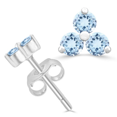 Round Blue Topaz Three-stone Stud Earrings in White Gold (MDR220108)