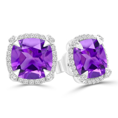 Cushion Purple Amethyst & Round Diamond Cushion Halo Claw Prong Stud Earrings in White Gold (MDR220109)