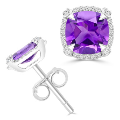 Cushion Purple Amethyst & Round Diamond Cushion Halo Claw Prong Stud Earrings in White Gold (MDR220109)