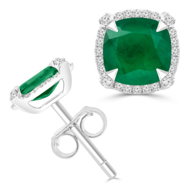 Cushion Green Emerald & Round Diamond Cushion Halo Claw Prong Stud Earrings in White Gold (MDR220110)