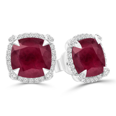 Cushion Red Ruby & Round Diamond Cushion Halo Claw Prong Stud Earrings in White Gold (MDR220111)