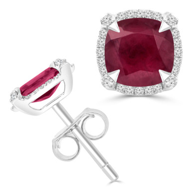 Cushion Red Ruby & Round Diamond Cushion Halo Claw Prong Stud Earrings in White Gold (MDR220111)
