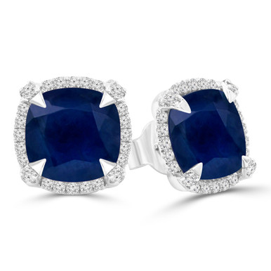 Cushion Blue Sapphire & Round Diamond Cushion Halo Claw Prong Stud Earrings in White Gold (MDR220112)