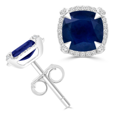 Cushion Blue Sapphire & Round Diamond Cushion Halo Claw Prong Stud Earrings in White Gold (MDR220112)