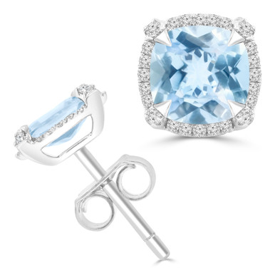 Cushion Blue Topaz & Round Diamond Cushion Halo Claw Prong Stud Earrings in White Gold (MDR220113)