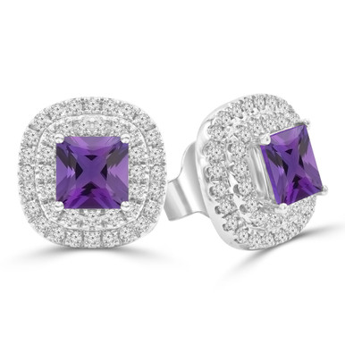 Princess Purple Amethyst & Round Diamond Double Cushion Halo Stud Earrings in White Gold (MDR220114)