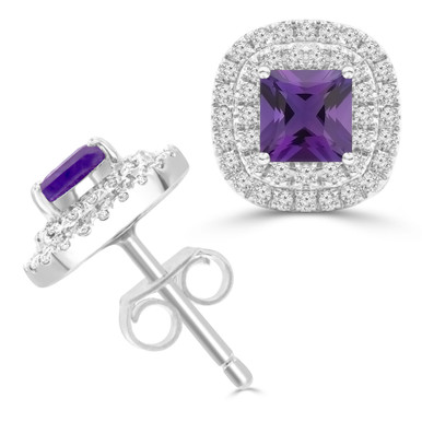 Princess Purple Amethyst & Round Diamond Double Cushion Halo Stud Earrings in White Gold (MDR220114)