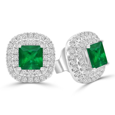 Princess Green Emerald & Round Diamond Double Cushion Halo Stud Earrings in White Gold (MDR220115)