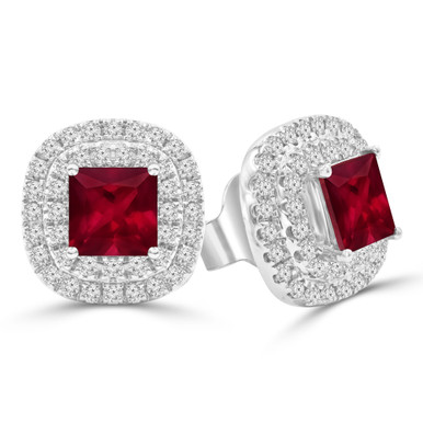 Princess Red Ruby & Round Diamond Double Cushion Halo Stud Earrings in White Gold (MDR220116)