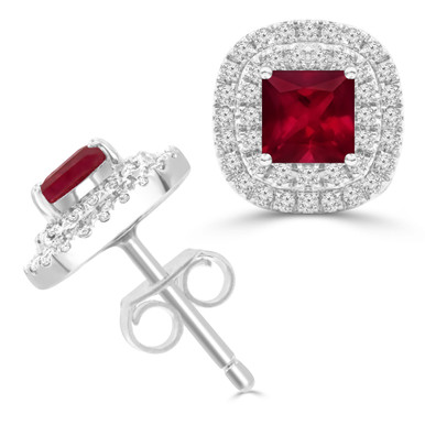 Princess Red Ruby & Round Diamond Double Cushion Halo Stud Earrings in White Gold (MDR220116)