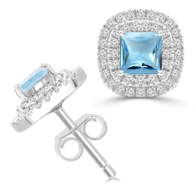 Princess Blue Topaz & Round Diamond Double Cushion Halo Stud Earrings in White Gold (MDR220118)