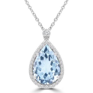 Pear Blue Topaz & Round Diamond Pear Halo Pendant Necklace in White Gold (MDR220178)