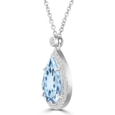 Pear Blue Topaz & Round Diamond Pear Halo Pendant Necklace in White Gold (MDR220178)