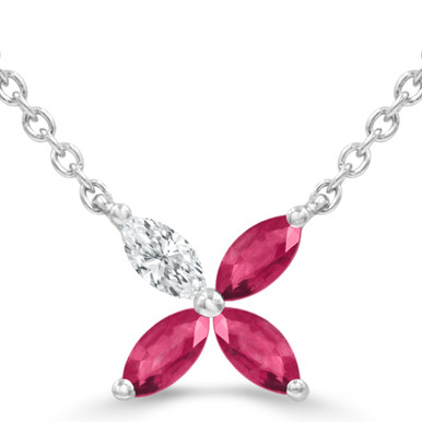 Marquise Red Ruby & Marquise Diamond Floral Necklace in White Gold (MDR220181)