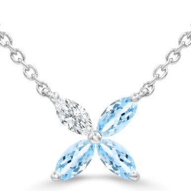Marquise Blue Topaz & Marquise Diamond Floral Necklace in White Gold (MDR220183)