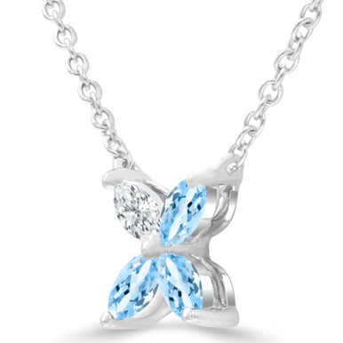 Marquise Blue Topaz & Marquise Diamond Floral Necklace in White Gold (MDR220183)
