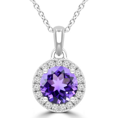 Round Purple Amethyst & Round Diamond Halo Pendant Necklace in White Gold (MDR220184)