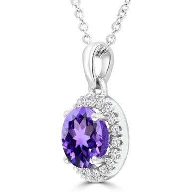Round Purple Amethyst & Round Diamond Halo Pendant Necklace in White Gold (MDR220184)