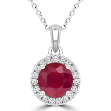 Round Red Ruby & Round Diamond Halo Pendant Necklace in White Gold (MDR220186)