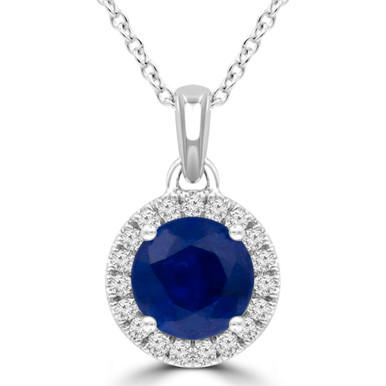Round Blue Sapphire & Round Diamond Halo Pendant Necklace in White Gold (MDR220187)